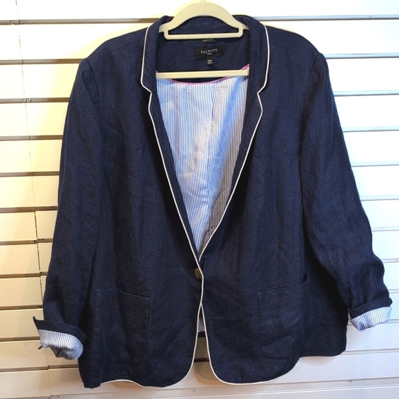 Talbots Aberdeen 100% Linen Blazer Navy/White Piping Stand Collar Size 24 NWT - Picture 1 of 9